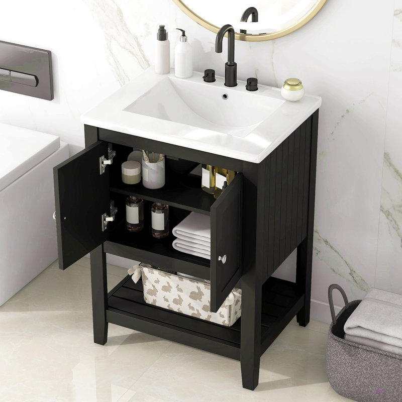 Lavabo de salle de bain moderne élégant en céramique 24 po avec tablette ouverte en bois massif, Noir