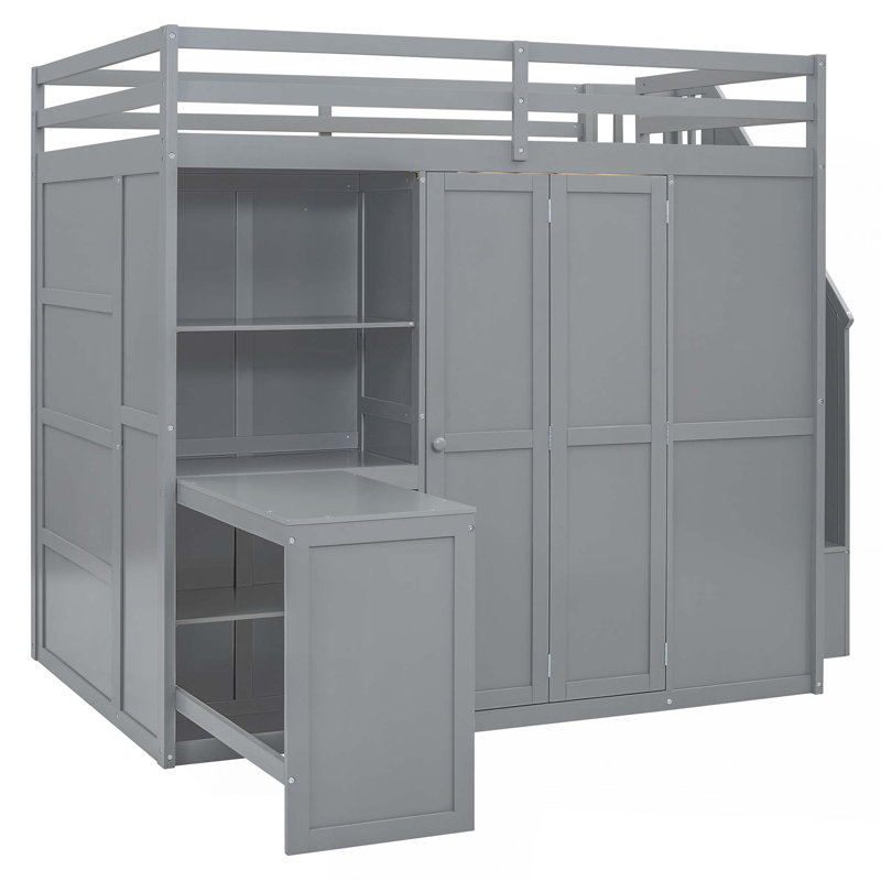 Lit mezzanine double avec garde-robe, bureau et tablettes, Gris