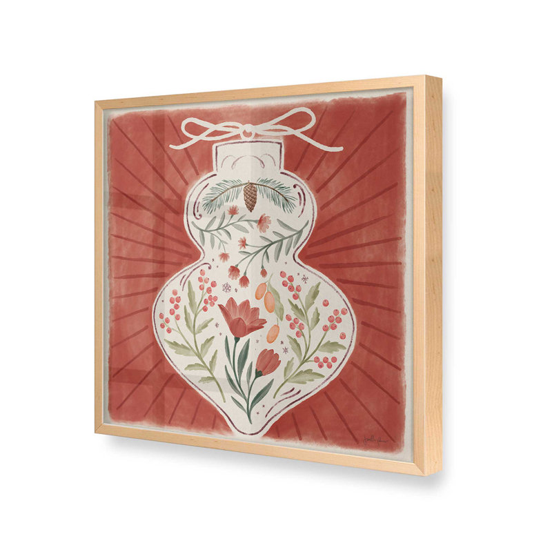 Imprimé floral rétro de Noël, H 21,5 po x l 21,5 po, Cadre en érable brut, bois massif