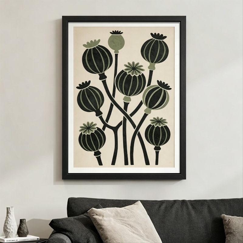 Gousses de graines de pavot abstraites modernes: disposées dans une composition verticale, impression de linogravure stylisée. Toile encadrée 24 "x 36" avec cadre en bois noir