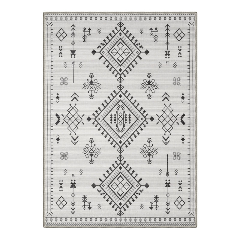 Boho Southwestern Geometric Machine Washable Black Ivory Area Rug, Tribal Diamond Non-Slip Rug for Living Room Bedroom