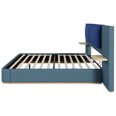 Grand lit plateforme tapissier avec panneau, cadre de lit plateforme avec coins arrondis doux anti-collision, stable et solide, aucun sommier tapissier requis, assemblage facile, bleu
