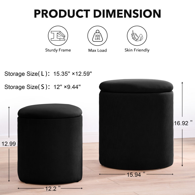 Round Ottoman With Storage Set Of 2, Black Velvet
