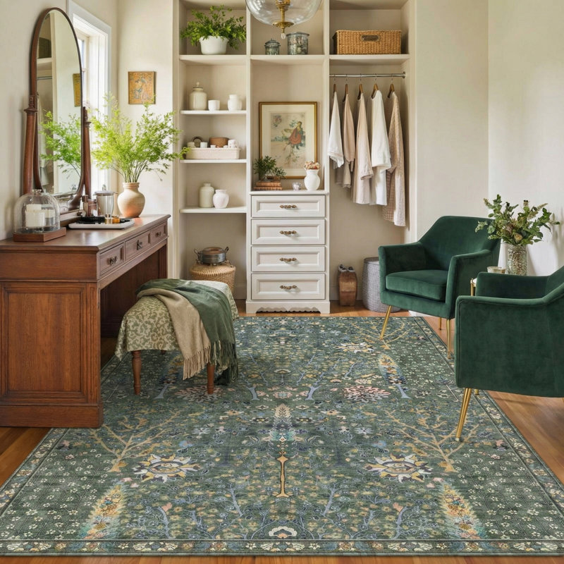 Vintage Tree of Life Area Rug - Oriental Distressed Floral Print Washable Rug for Living Room, Bedroom, Dining Room