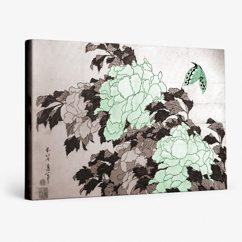 Pivoines et papillon (vers 1833) - art mural sur toile paysage, 30" W x 20" H