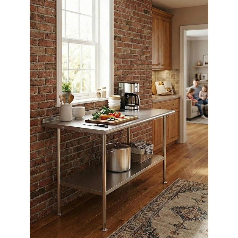 Table de préparation entièrement en acier inoxydable, avec dosseret à coins arrondis et tablette réglable, robuste pour l'extérieur, restaurants, hôtels, ateliers, cuisines, jardins et garages