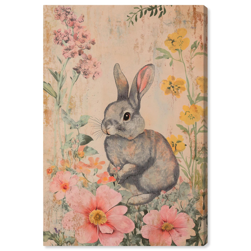 Art floral sur un lapin floral , H 54 po x l 36 po, Toile tendue