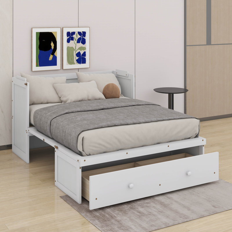 Lit escamotable double avec port USB et tiroir, Blanc