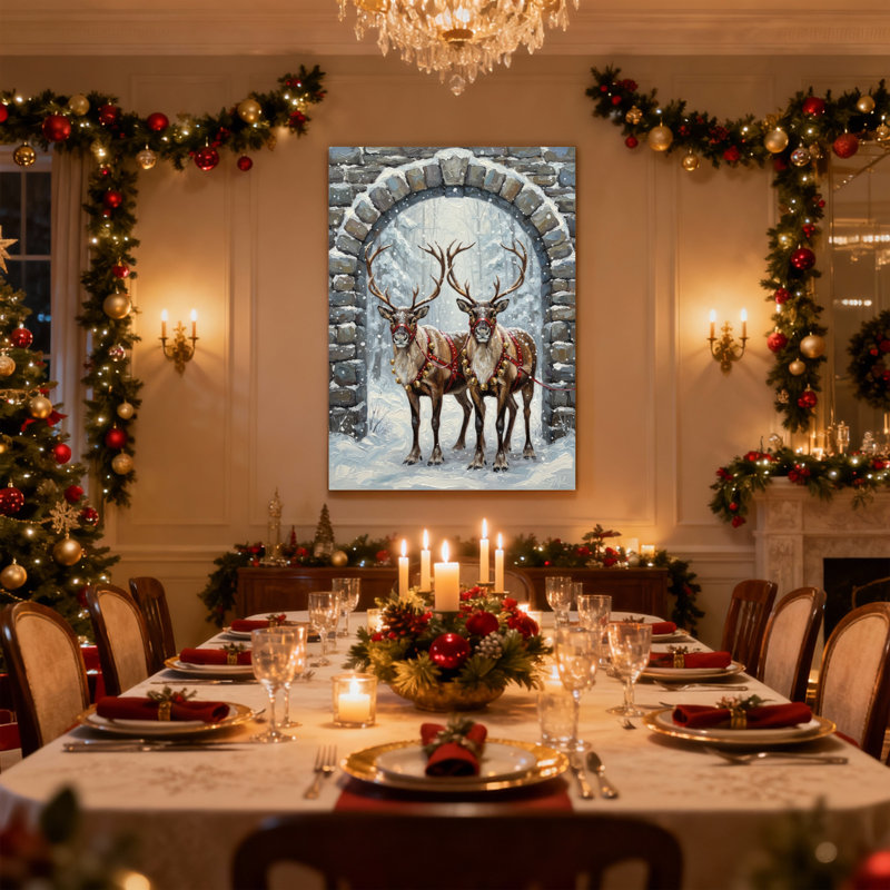 Renne de Noël debout dans un arc enneigé, ensemble de 3 impressions d'art sur toile, H 18 po x l 12 po