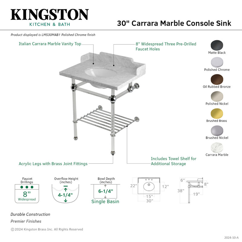 Kingston Brass Pemberton 30-Inch Carrara Marble Console Sink with Acrylic Legs and Shelf (8-Inch, 3-Hole)