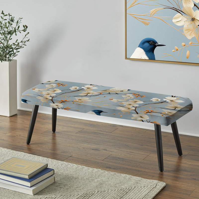 Minimalist Blue And White Bird Paradise - Floral Upholstered Black Bench