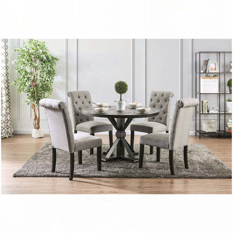 Ensemble de chaises de salle à manger rembourrées en lin avec dossier rembourré capitonné, pieds en bois, Gris clair