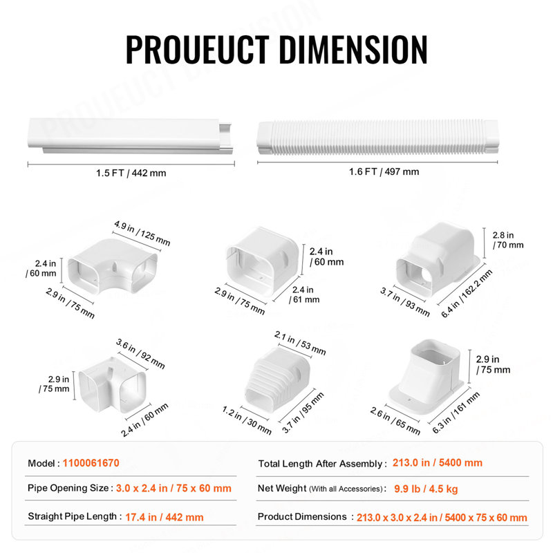 Mini Split Line Set Cover 3-Inch W 17.7Ft L, PVC Decorative Pipe Line Cover For Air Conditioner With 10 Straight Ducts & Full Components Easy To Install, Paintable For Heat Pumps, White
