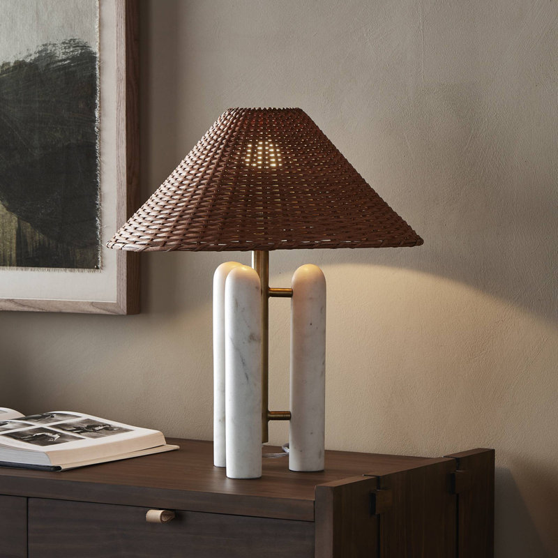 Lampe de table en marbre Yurt, Brun, Rotin, Blanc