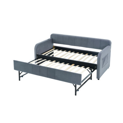 Twin Upholstered Daybed Frame With Trundle, Twin Size Sofa Bed For Bedroom Living Room Guest Room, Wood Slat Support
