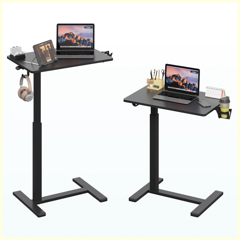 Bureau d'ordinateur portable 26 po x 19 po à hauteur réglable avec ressorts à gaz et colonne noire | Table de bureau mobile à roulettes, porte-gobelet et crochet pour casque d'écoute