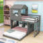 Lit simple superposé en L simple au-dessus d'un lit double en bois-914289736