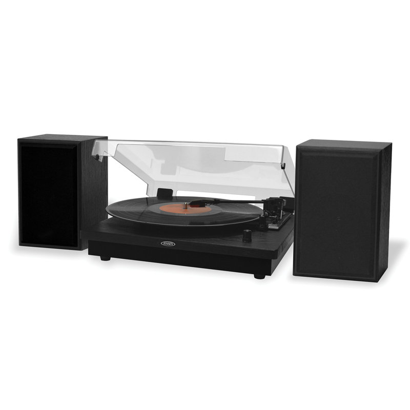 JENSEN® JTA-315 3-Speed Belt-Drive Manual Bluetooth® Turntable With External Speakers, Aux, Pitch Control & 45-RPM Adapter