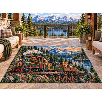 Tapis d'extérieur 152 x 213 cm (5' x 7') à motifs animaux de la forêt, train et montagne. Moquette épaisse, imperméable et résistante en PVC bouclé. Tapis de terrasse robuste, séchage rapide, idéal pour porche, terrasse, balcon, VR et camping.