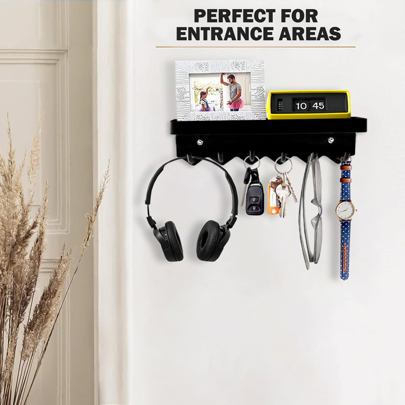 Metal Wall Organizer with Key Hooks, Black