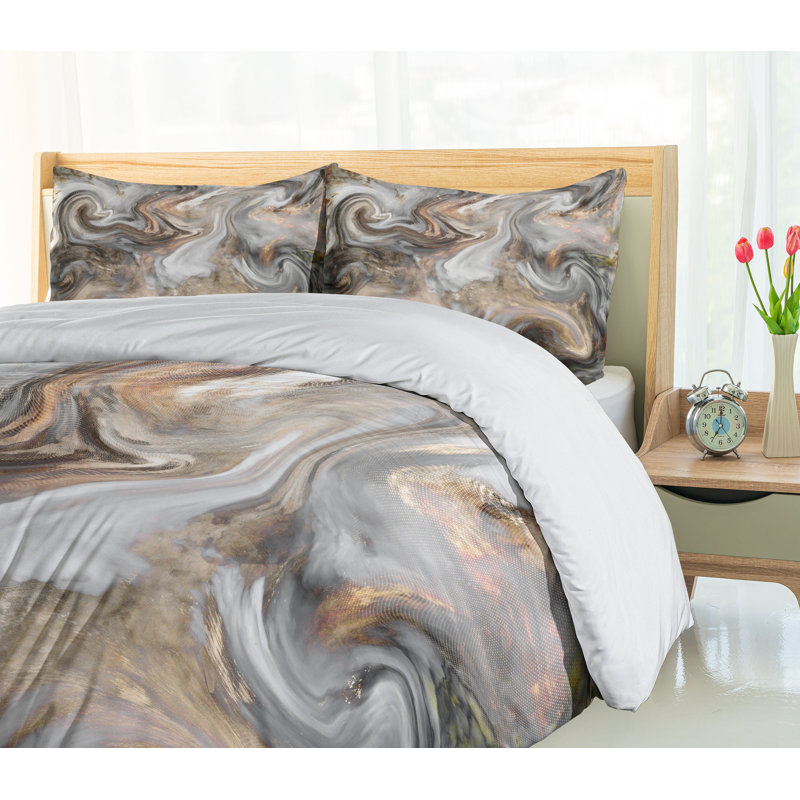 King Marble Print Gray and Brown Duvet Cover Set