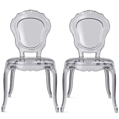 Contemporary Transitional Stackable Dining Chairs, Transparent Glossy Acrylic Side Chairs with Decorative Open Back Design for Dining Room, Vanity, Living Room, and Patio, Smoke Gray