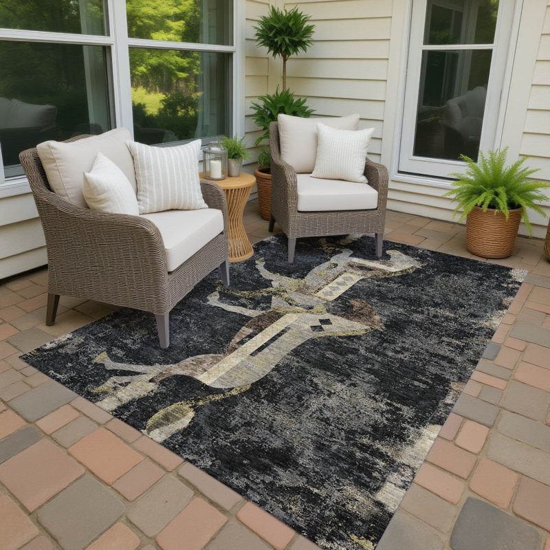 Tapis Chantille ACN3109 à motif animal, lavable à la machine, intérieur/extérieur, Noir, 10 pi x 14 pi