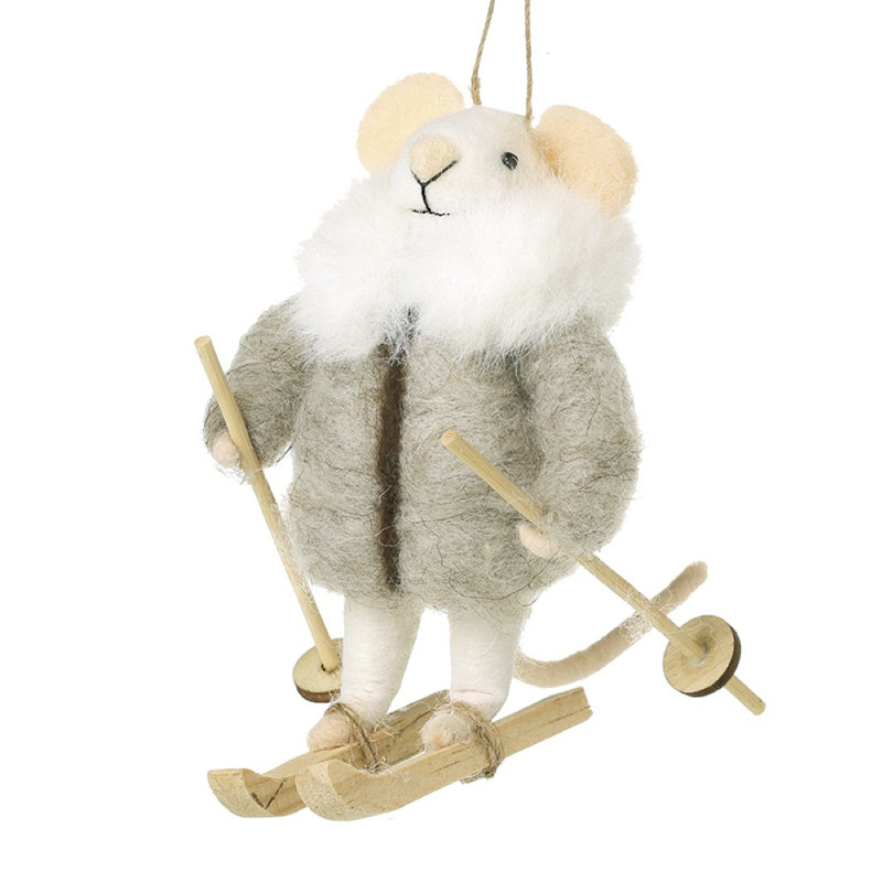 Hanging Skiing Mouse Decoration, 11cm H x 10cm W x 8cm D, Grey, Beige, White