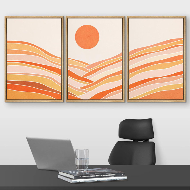 " Vibrant Pastel Orange Sun Landscape Abstract Nature Modern Art Decor Panorama Multicolor " 3 - Pieces, Naturel