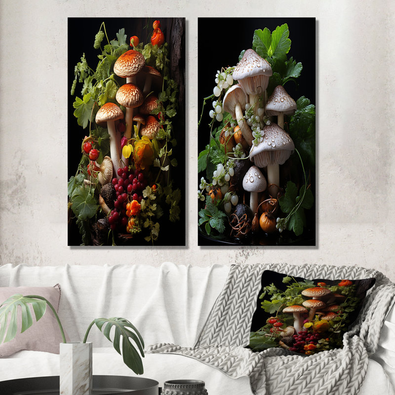Panier de champignon, peinture I - champignon, art mural, ensemble de 2, H 28 po x l 25 po, Toile tendue