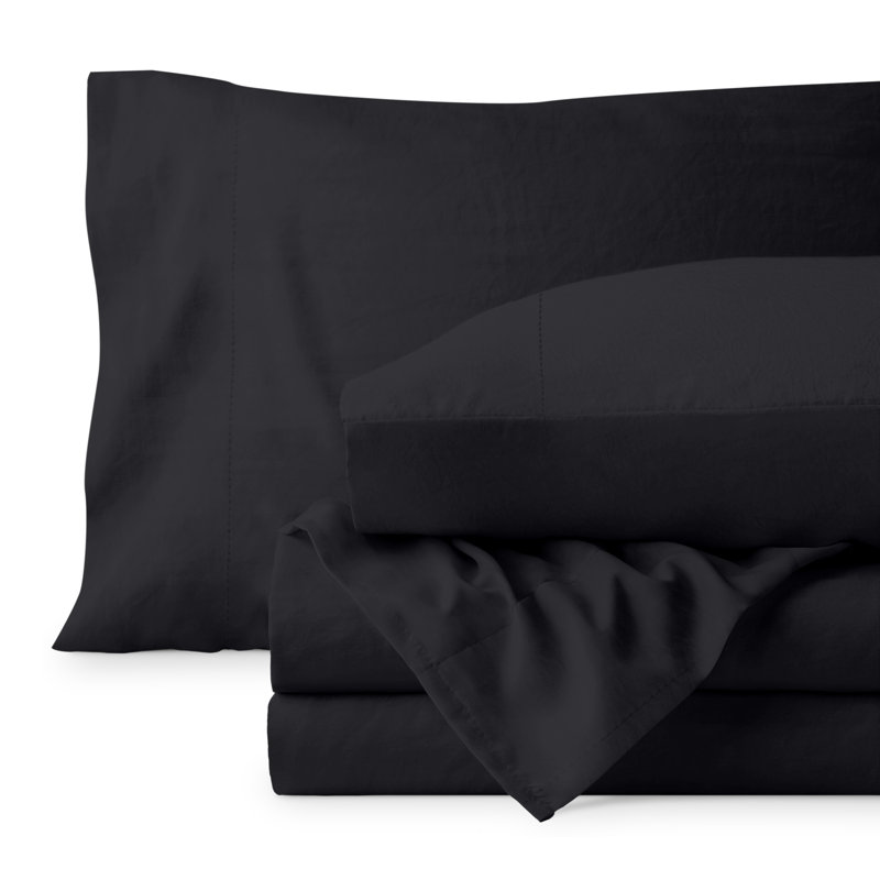 Washed Ultra-soft Microfiber Sheet Set, Twin XL Sheet Set with 1 Pillowcase, Black