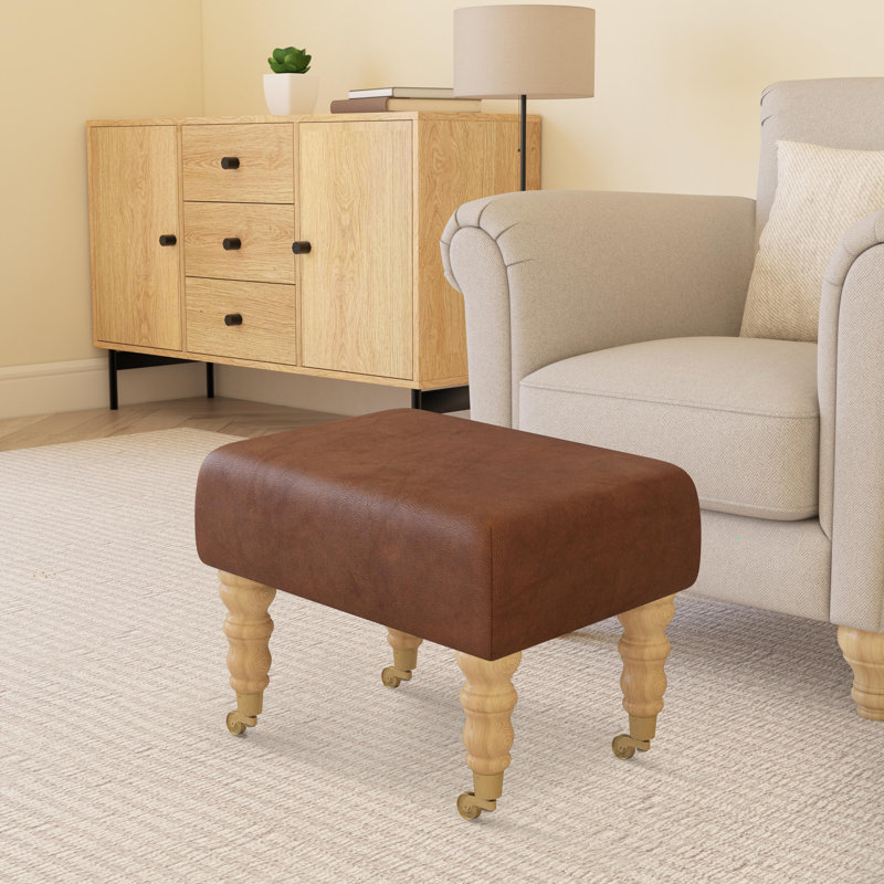 Manufactured Wood Accent Stool, Natural, Rust Brown, Italian Leather