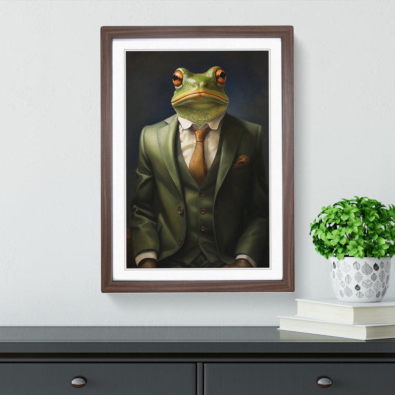Frog In A Suit Painting - Single Picture Frame Print on Wood, Walnut Framed, 34cm H x 25cm W