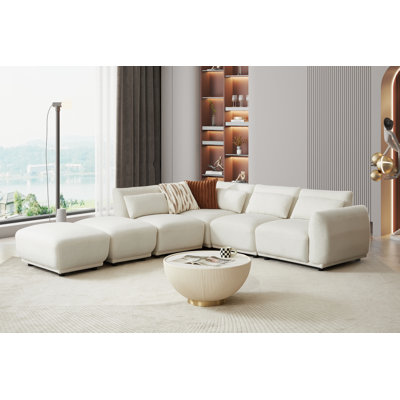 6 - Piece Wool Boucle Fabric Upholstered Sectional Sofa Couch Tight Back With Pillow