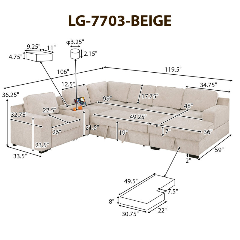 119.5" Convertible Modular Sectional Sofa Bed 2-In-1 Oversized Chenille Pull-Out Sleeper Couch With Console Armrest & USB Charging & Cup Holder & Storage Chaise