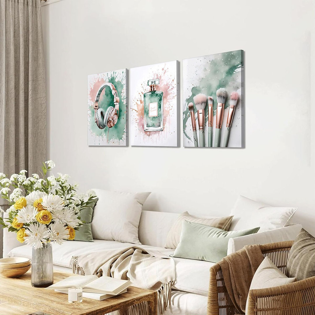 3Pcs Framed Tween Teen Girls Bedroom Wall Art Picture Sage Green Rose Gold And Silver Prints Music Lover Teenager Girl Poster Perfume Makeup Brushes A