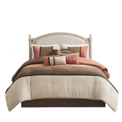 Coral King Faux Suede Bedding - 7 Piece Style Comforter Embroidered Pillows