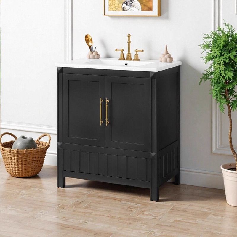 Meuble-lavabo noir 30 po avec lavabo, armoire en bois massif et panneau de fibres à densité moyenne avec 2 portes, 1 tiroir et tablettes de rangement ouvertes pour les salles de bain modernes minimalistes ou contemporaines de luxe