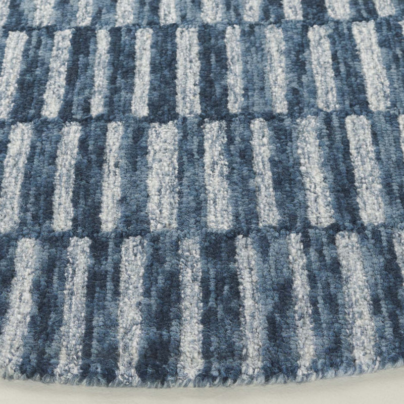 Madelline Ebony Hand Tufted Wool Cotton Striped Rug in Navy/Light Blue, Round 6'