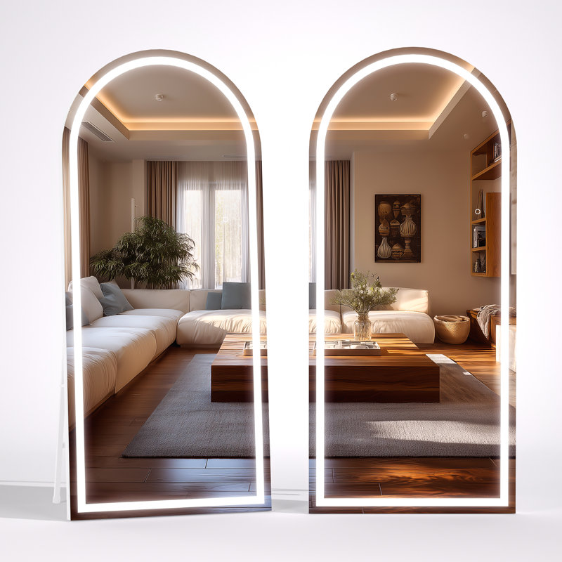 Modern & Contemporary Lighted  Arch Full Length Mirror with Temepered Glass & 3 Years Warranty, White, 75" x 32"