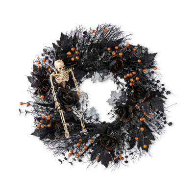 24"D Halloween  Black Rose, Skeleton And Berry Wreath Includes A Complimentary Black Metal Wreath Hanger