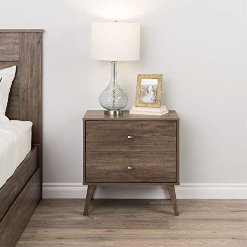 Breux 24.75'' W Nightstand, Mid-Century Modern 2 Drawer Nightstand, Bedside Table, Contemporary Bedroom Furniture, 24.75"W x 25"H x 16"D, Drifted Gray