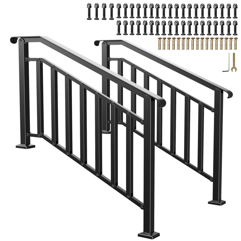 Rails d'escalier extérieurs pour l'extérieur: paquet de 2 systèmes en acier galvanisé à 4 marches en ovale noir avec balustres protecteurs, excellent pour la véranda, la terrasse ou les escaliers intérieurs, comprend un ensemble d'installation complet