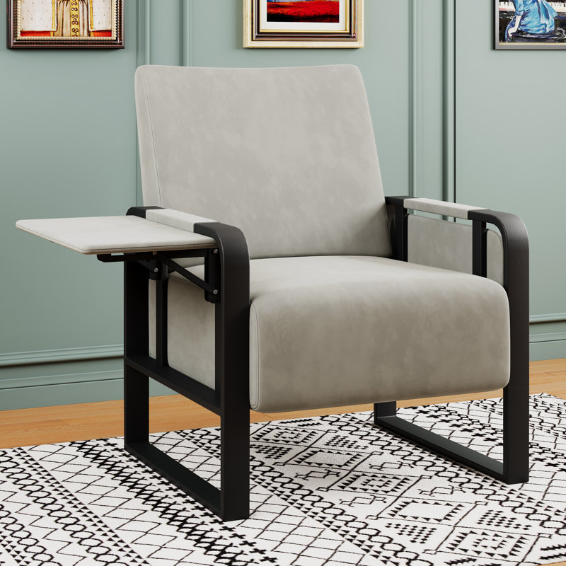 Whole Metal Frame Upholstered Accent Chair With Side Tray Table, Gray Faux Leather