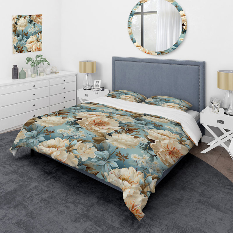 Ensemble de housse de couette Beige Timeless Peony Delights - Floral, Housse de couette pour très grand lit et 2 très