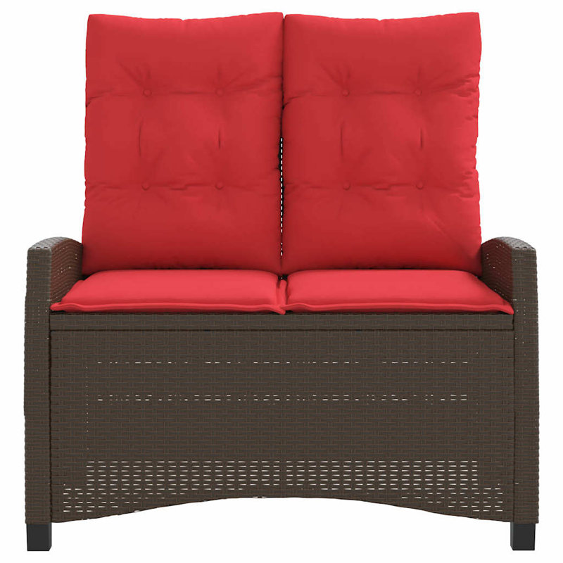 Reclining Garden Bench With Cushions Poly Rattan, Brown, Red