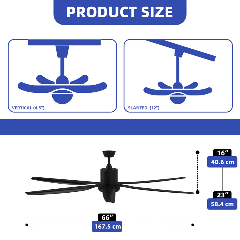 66" Ceiling Fan with 6-Speed DC Motor, Remote & App Control, and LED Light, Black