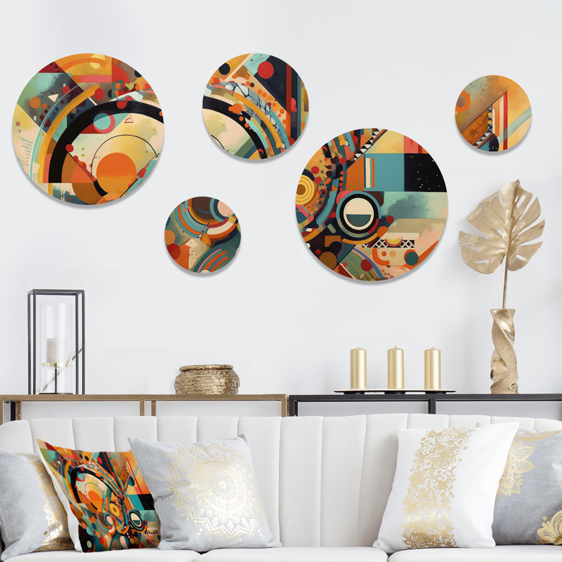 Orange and Blue Geometric Vibrations I - Modern Geometric Metal Wall Décor Circle 5 Pieces