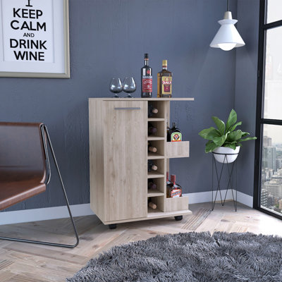 Chariot-bar, quatre roulettes, armoire à une porte, deux tablettes extérieures, gris clair
