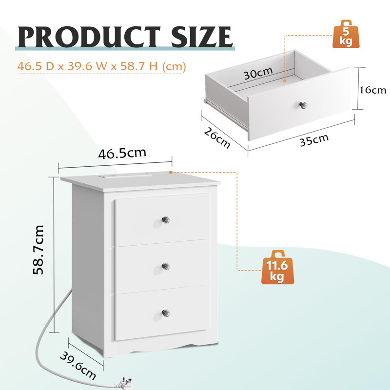 46.5cm W Manufactured Wood Bedside Table, White